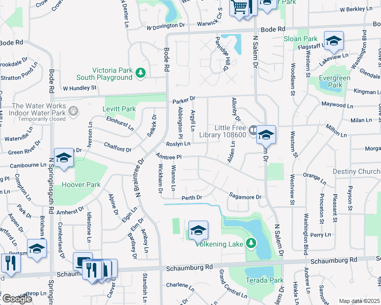 map of restaurants, bars, coffee shops, grocery stores, and more near 1103 Aimtree Place in Schaumburg