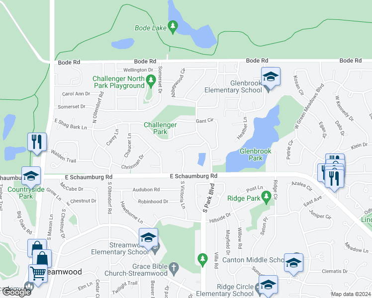 map of restaurants, bars, coffee shops, grocery stores, and more near 63 North Victoria Lane in Streamwood