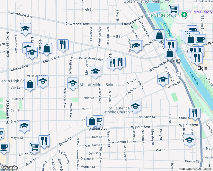 map of restaurants, bars, coffee shops, grocery stores, and more near 61 Wilcox Avenue in Elgin