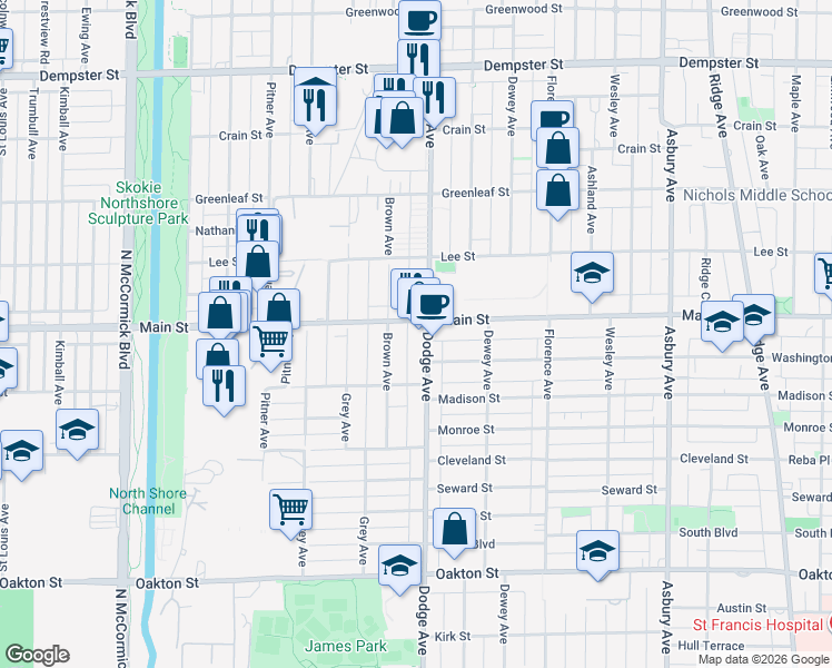 map of restaurants, bars, coffee shops, grocery stores, and more near 827 Brown Avenue in Evanston