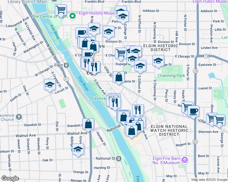 map of restaurants, bars, coffee shops, grocery stores, and more near 148 Dawson Drive in Elgin