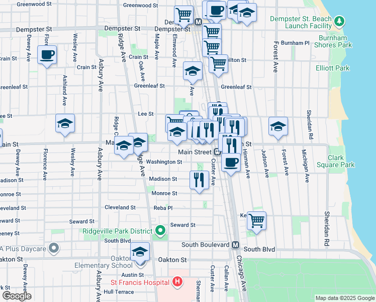 map of restaurants, bars, coffee shops, grocery stores, and more near 822 Sherman Avenue in Evanston