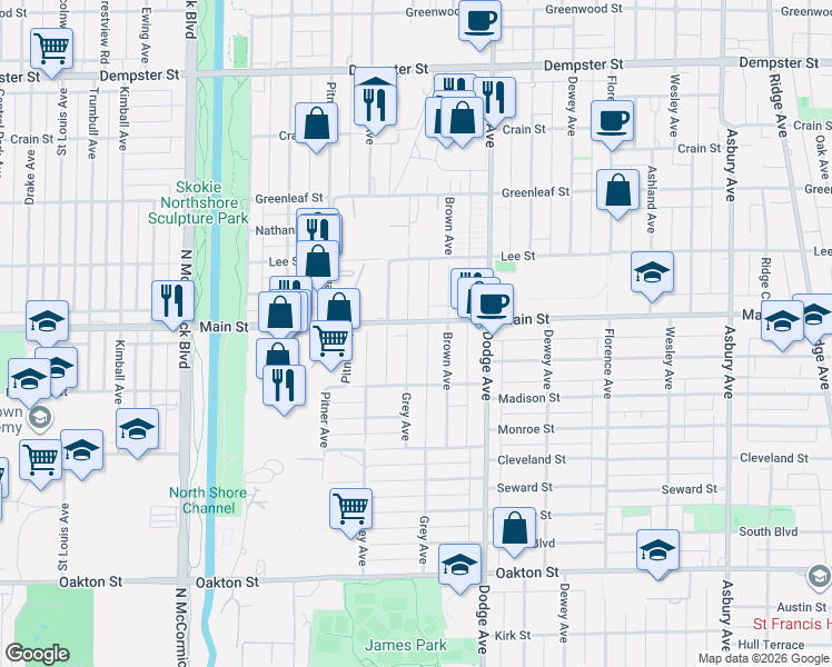 map of restaurants, bars, coffee shops, grocery stores, and more near 825 Grey Avenue in Evanston