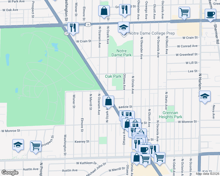 map of restaurants, bars, coffee shops, grocery stores, and more near 7707 West Main Street in Niles
