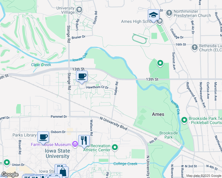 map of restaurants, bars, coffee shops, grocery stores, and more near 1015 Haber Road in Ames