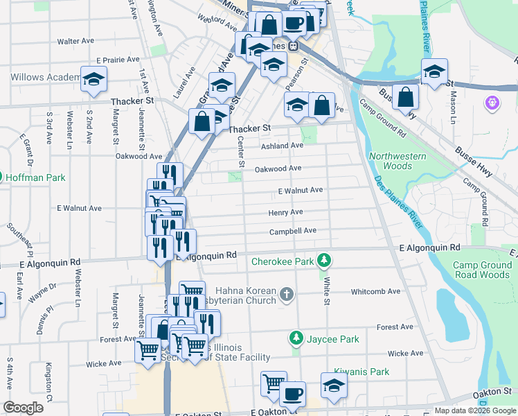 map of restaurants, bars, coffee shops, grocery stores, and more near 1455 Henry Avenue in Des Plaines