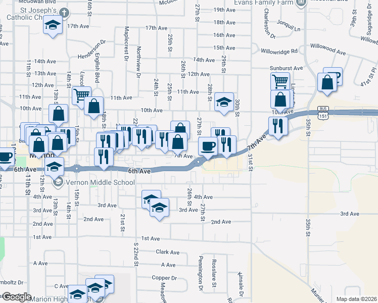 map of restaurants, bars, coffee shops, grocery stores, and more near 755 26th Street in Marion