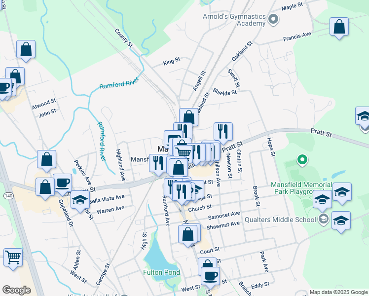map of restaurants, bars, coffee shops, grocery stores, and more near in Mansfield