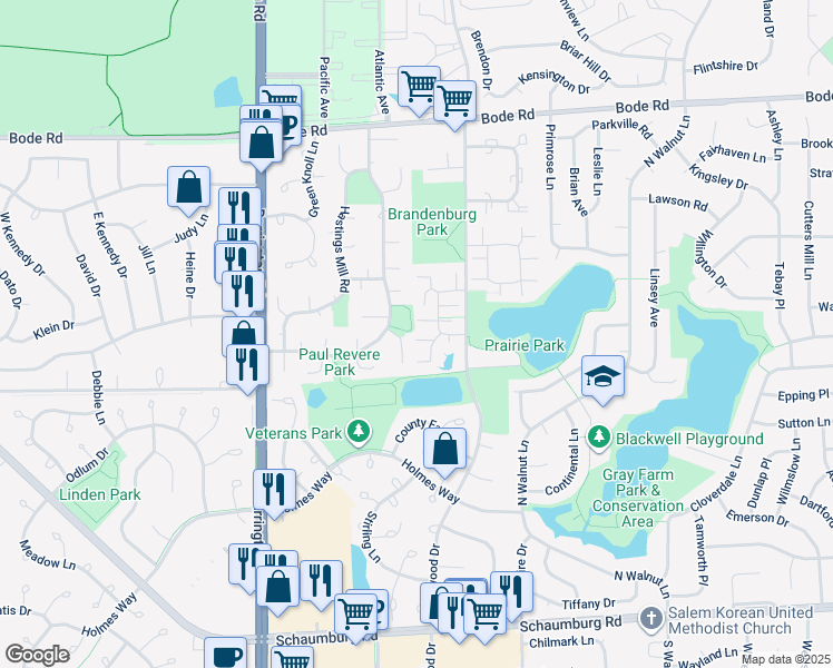 map of restaurants, bars, coffee shops, grocery stores, and more near 439 Lear Court in Schaumburg