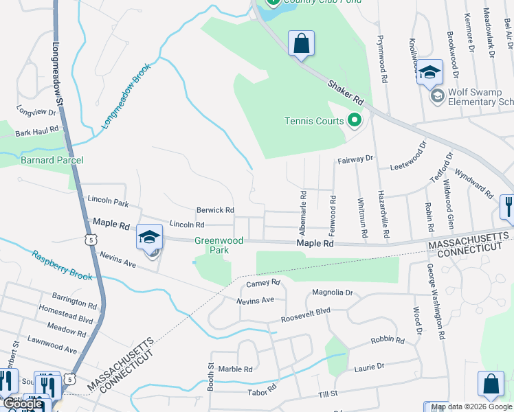 map of restaurants, bars, coffee shops, grocery stores, and more near 40 Franklin Terrace in Longmeadow