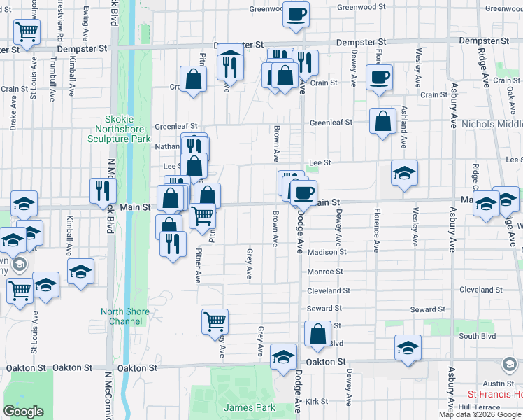 map of restaurants, bars, coffee shops, grocery stores, and more near 825 Grey Avenue in Evanston