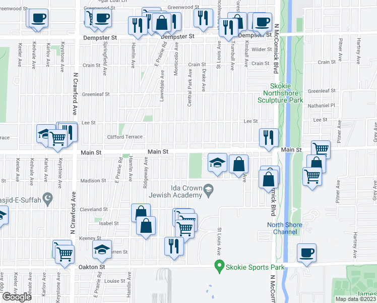 map of restaurants, bars, coffee shops, grocery stores, and more near Main Street & Central Park Avenue in Skokie
