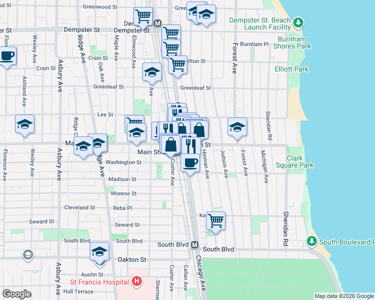 map of restaurants, bars, coffee shops, grocery stores, and more near 847 Chicago Avenue in Evanston