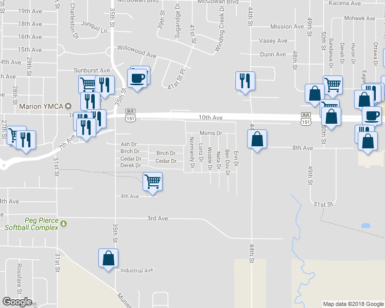 map of restaurants, bars, coffee shops, grocery stores, and more near 230 Normandy Drive in Marion