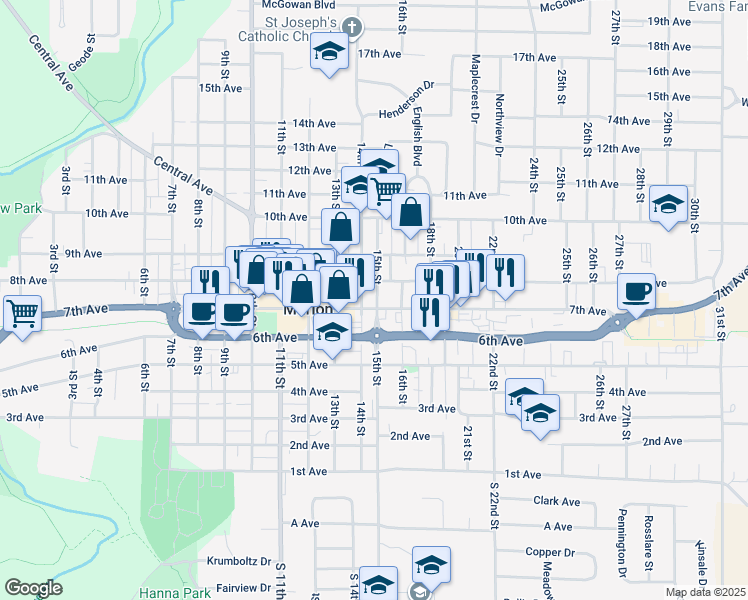 map of restaurants, bars, coffee shops, grocery stores, and more near 640 14th Street in Marion