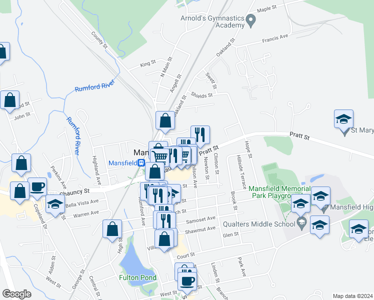 map of restaurants, bars, coffee shops, grocery stores, and more near 100 Chilson Avenue in Mansfield
