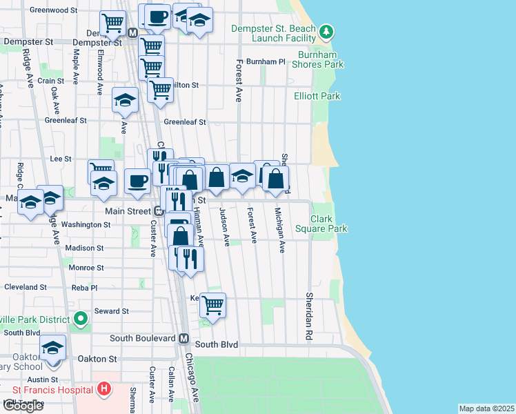 map of restaurants, bars, coffee shops, grocery stores, and more near 821 Forest Avenue in Evanston
