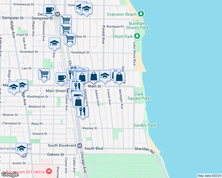 map of restaurants, bars, coffee shops, grocery stores, and more near 821 Forest Avenue in Evanston