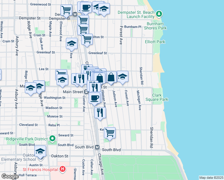 map of restaurants, bars, coffee shops, grocery stores, and more near 834 Judson Avenue in Evanston