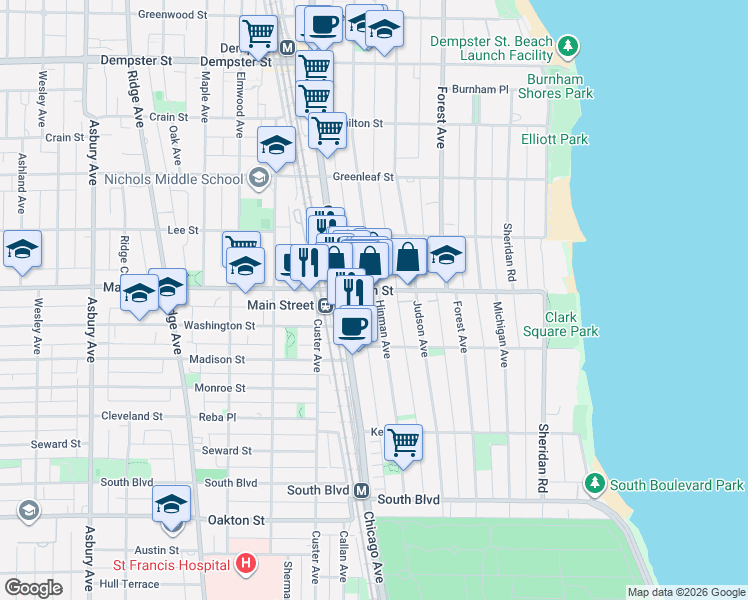 map of restaurants, bars, coffee shops, grocery stores, and more near 822 Hinman Avenue in Evanston
