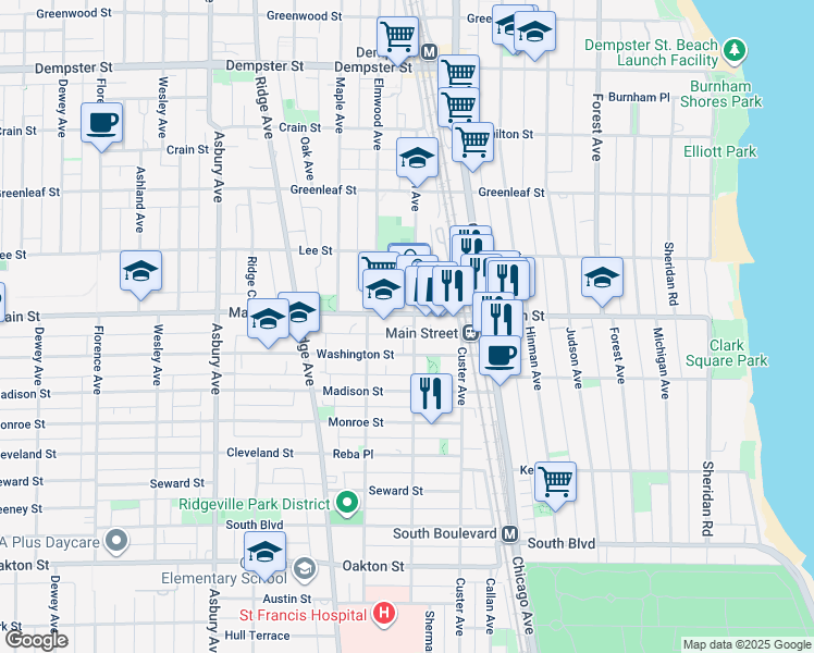 map of restaurants, bars, coffee shops, grocery stores, and more near 822 Sherman Avenue in Evanston