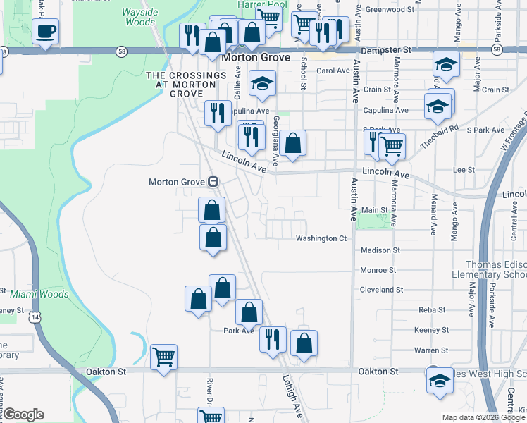 map of restaurants, bars, coffee shops, grocery stores, and more near 6167 Mayfair Avenue in Morton Grove