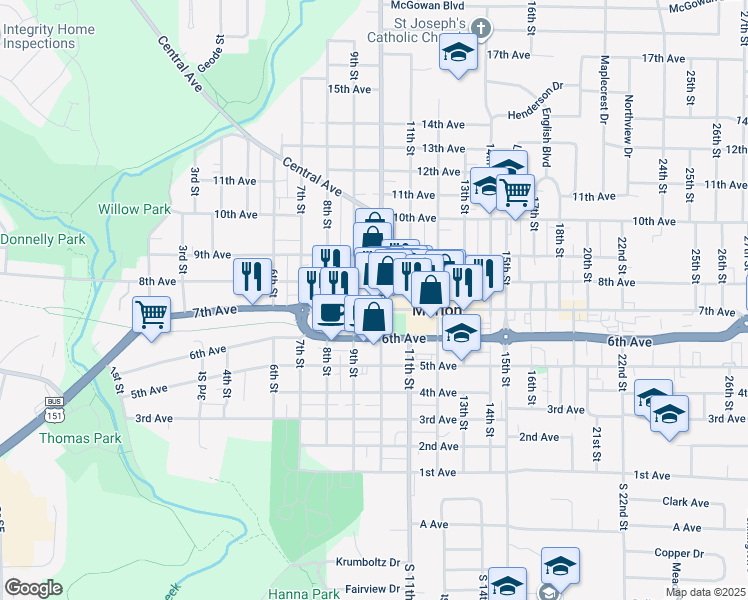 map of restaurants, bars, coffee shops, grocery stores, and more near 1107 7th Avenue in Marion