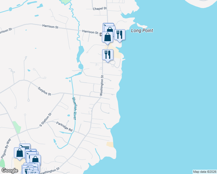map of restaurants, bars, coffee shops, grocery stores, and more near 24 Water Street in Duxbury