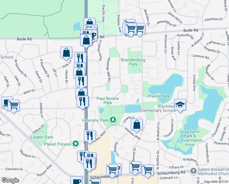 map of restaurants, bars, coffee shops, grocery stores, and more near 15 White Hall Court in Streamwood