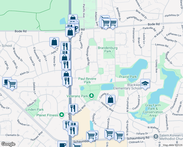 map of restaurants, bars, coffee shops, grocery stores, and more near 1824 Williamsburg Drive in Streamwood