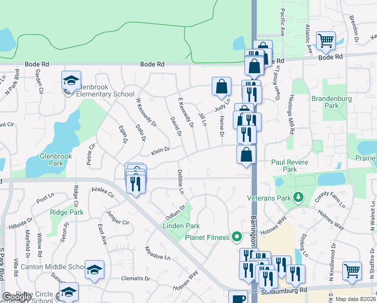 map of restaurants, bars, coffee shops, grocery stores, and more near 1319 Kevin Morris Court in Streamwood