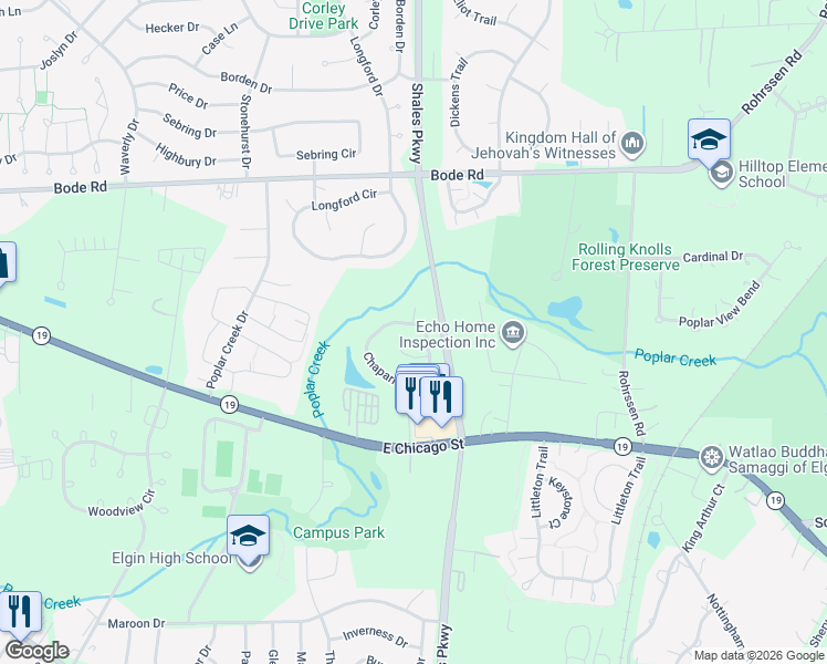 map of restaurants, bars, coffee shops, grocery stores, and more near 1384 Cimarron Court in Elgin