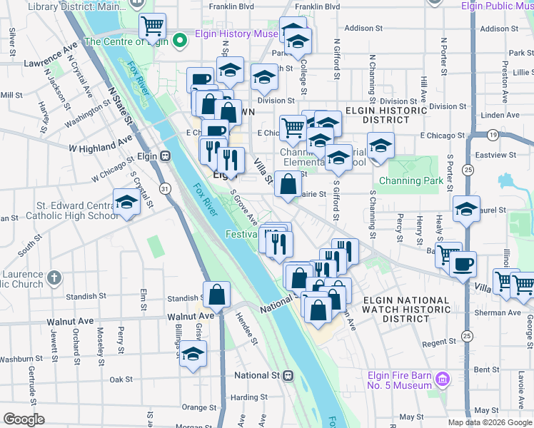 map of restaurants, bars, coffee shops, grocery stores, and more near 216 Festival Court in Elgin