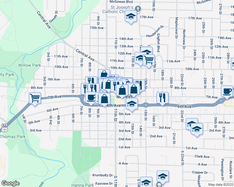 map of restaurants, bars, coffee shops, grocery stores, and more near in Marion