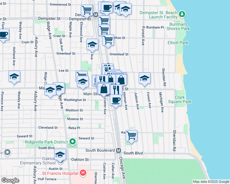map of restaurants, bars, coffee shops, grocery stores, and more near 847 Chicago Avenue in Evanston