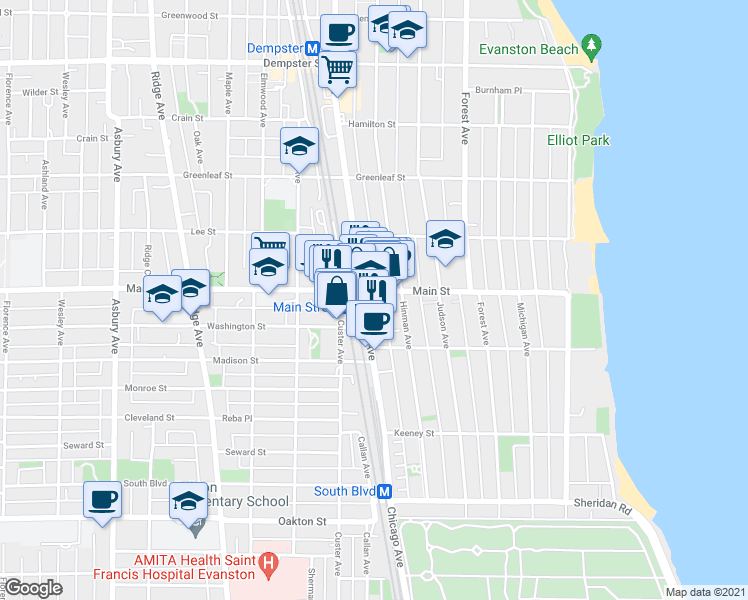 map of restaurants, bars, coffee shops, grocery stores, and more near 836 Chicago Avenue in Evanston