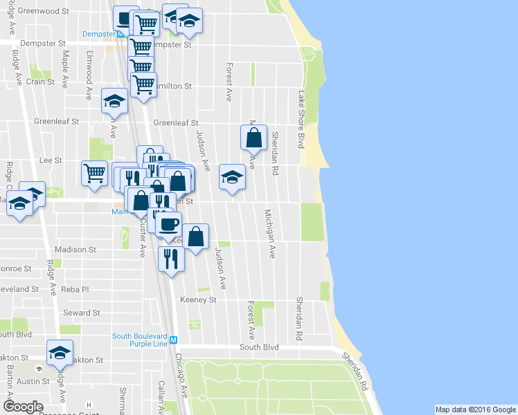 map of restaurants, bars, coffee shops, grocery stores, and more near 821 Forest Avenue in Evanston