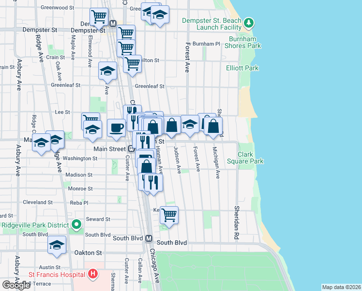 map of restaurants, bars, coffee shops, grocery stores, and more near 316 1/2 Main Street in Evanston