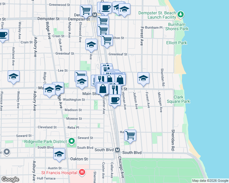 map of restaurants, bars, coffee shops, grocery stores, and more near in Evanston
