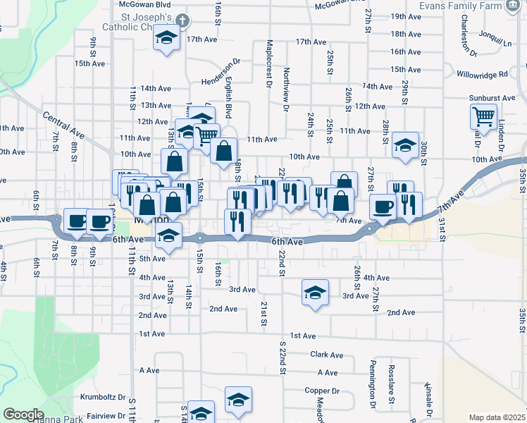 map of restaurants, bars, coffee shops, grocery stores, and more near 2075 7th Avenue in Marion