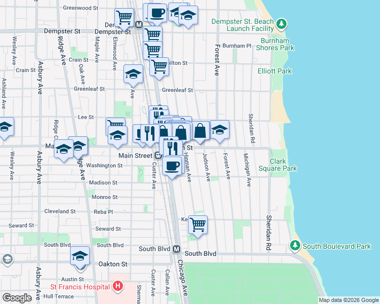 map of restaurants, bars, coffee shops, grocery stores, and more near 855 Hinman Avenue in Evanston