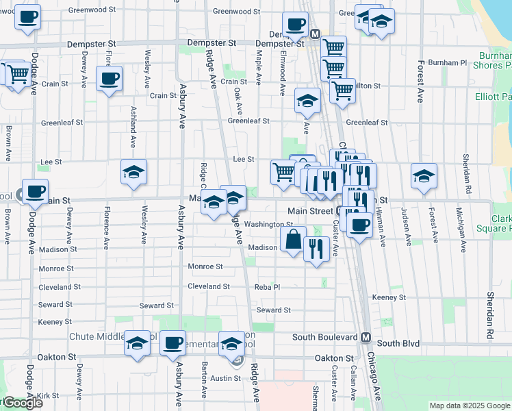 map of restaurants, bars, coffee shops, grocery stores, and more near 996 Main Street in Evanston