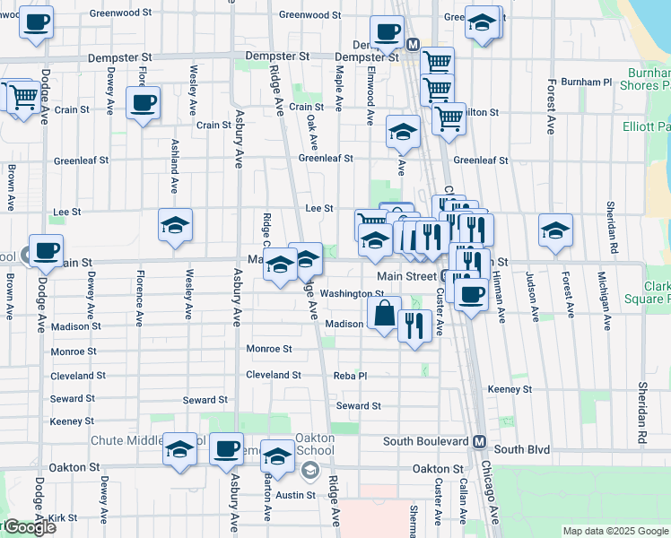 map of restaurants, bars, coffee shops, grocery stores, and more near 996 Main Street in Evanston