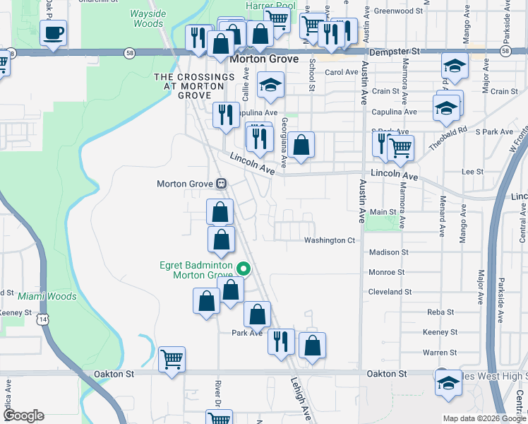 map of restaurants, bars, coffee shops, grocery stores, and more near 8302 Callie Avenue in Morton Grove