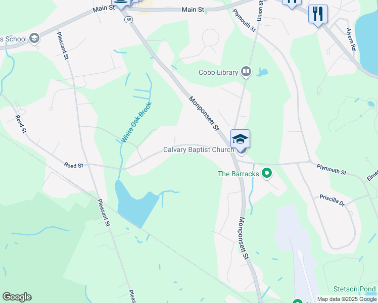 map of restaurants, bars, coffee shops, grocery stores, and more near 244 South Street in Hanson