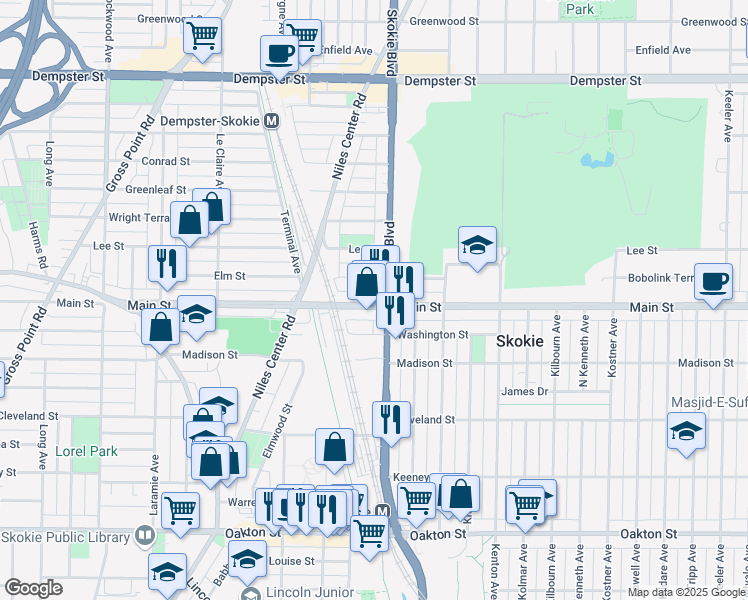 map of restaurants, bars, coffee shops, grocery stores, and more near 4820 Washington Street in Skokie