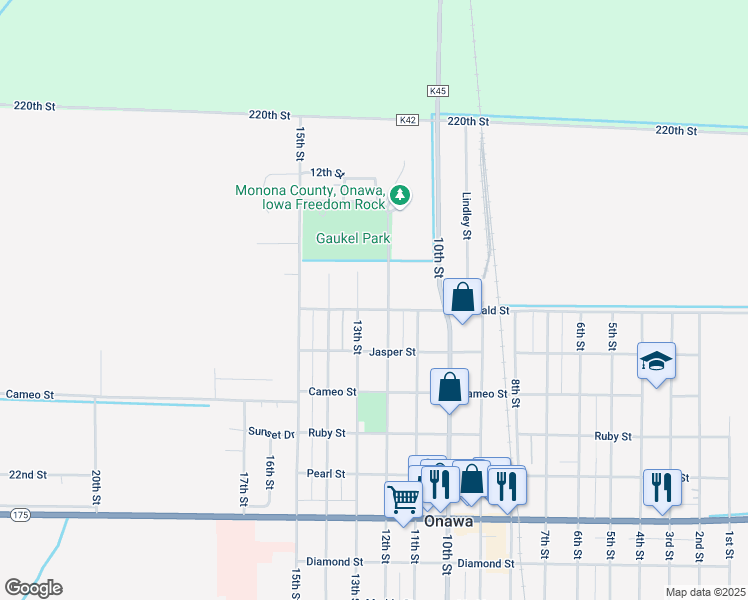 map of restaurants, bars, coffee shops, grocery stores, and more near 1201-1299 Emerald Street in Onawa