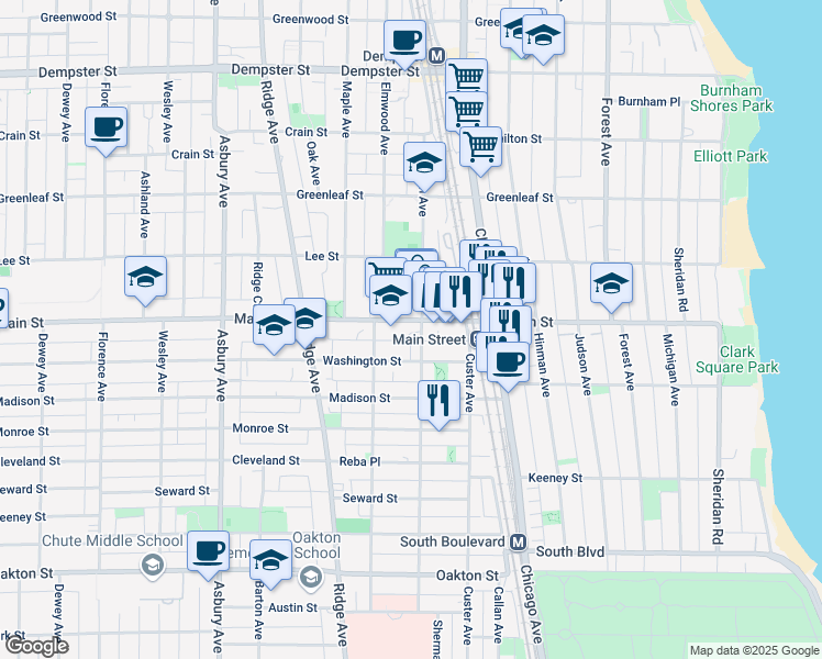 map of restaurants, bars, coffee shops, grocery stores, and more near 822 Sherman Avenue in Evanston