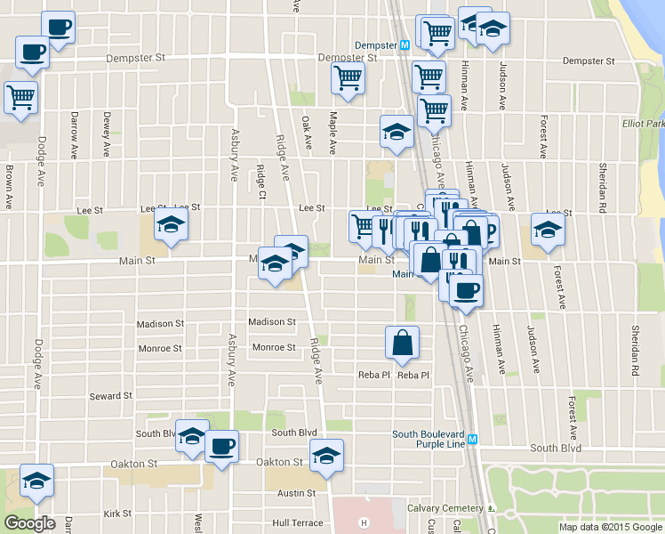 map of restaurants, bars, coffee shops, grocery stores, and more near 929 Washington Street in Evanston