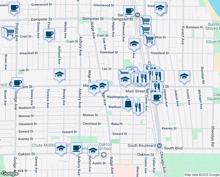 map of restaurants, bars, coffee shops, grocery stores, and more near 929 Washington Street in Evanston